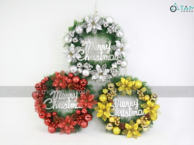Vòng nguyệt quế Noel 4 hoa trạng nguyên kim tuyến ĐK45cm VNGQ-X-45